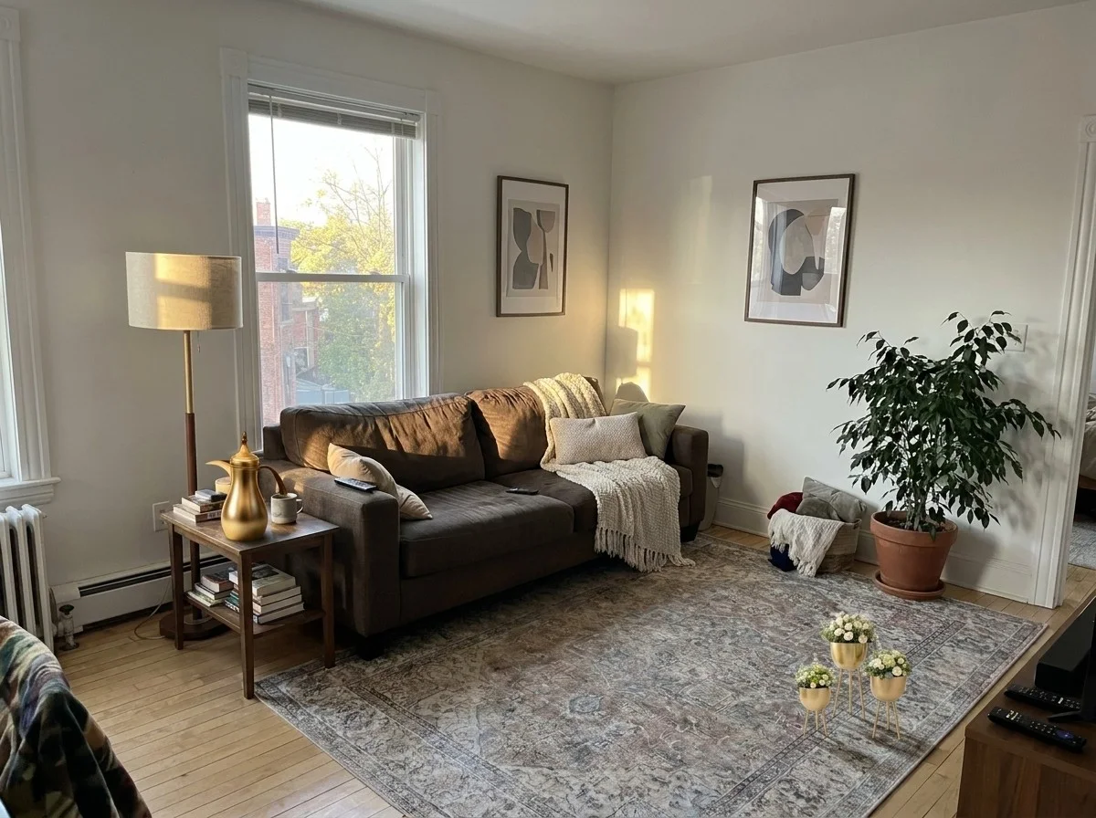 A gold coffee pot rendered on the side table of a customer's real living room