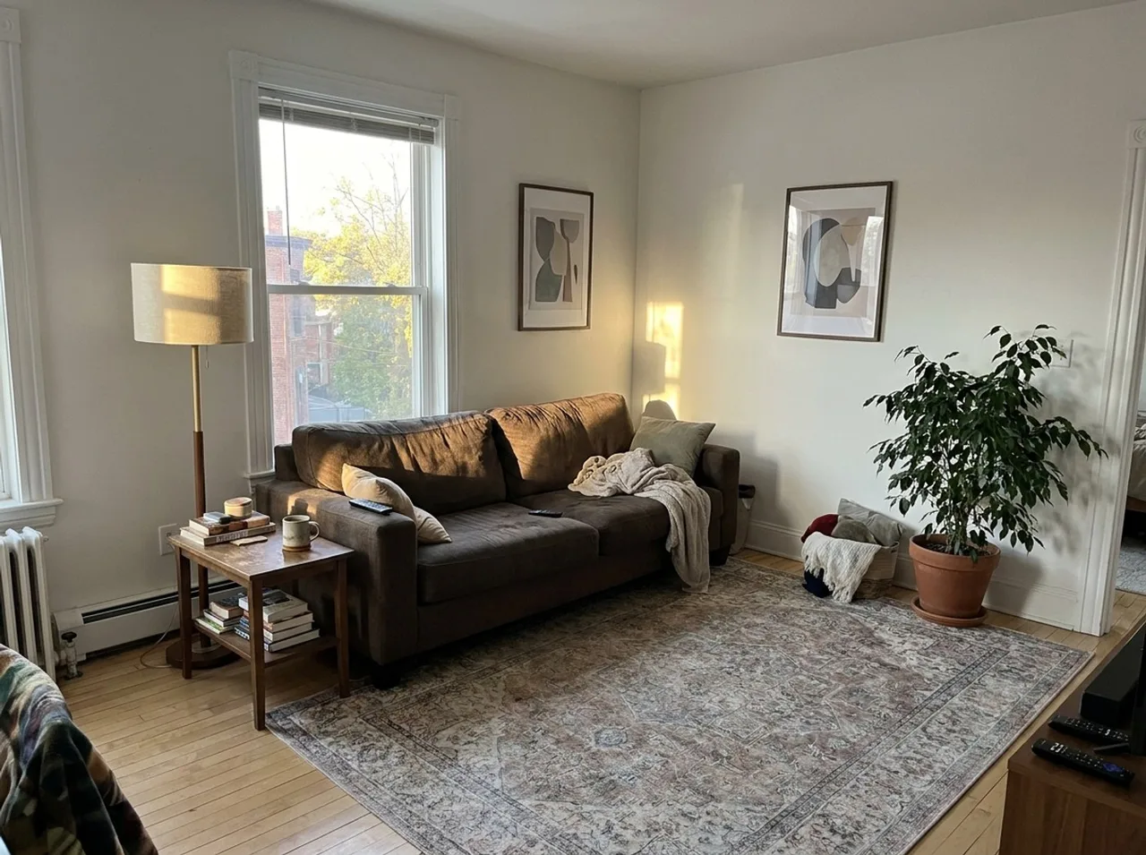 A living room with the customer's own worn sofa